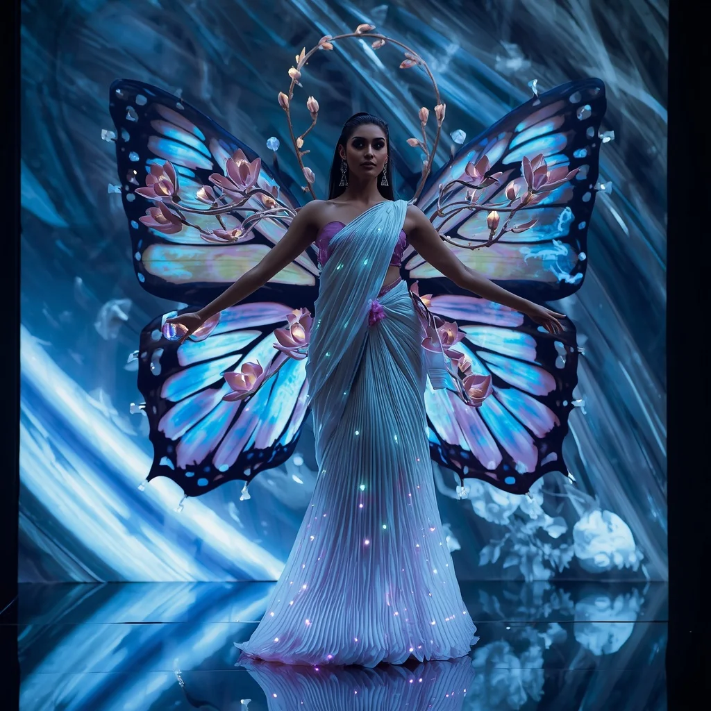 3D Bioluminescent Lotus & Fiber Optic Bonsai Butterfly Saree with Light Crystal Flow Background | Anime Ai Prompt