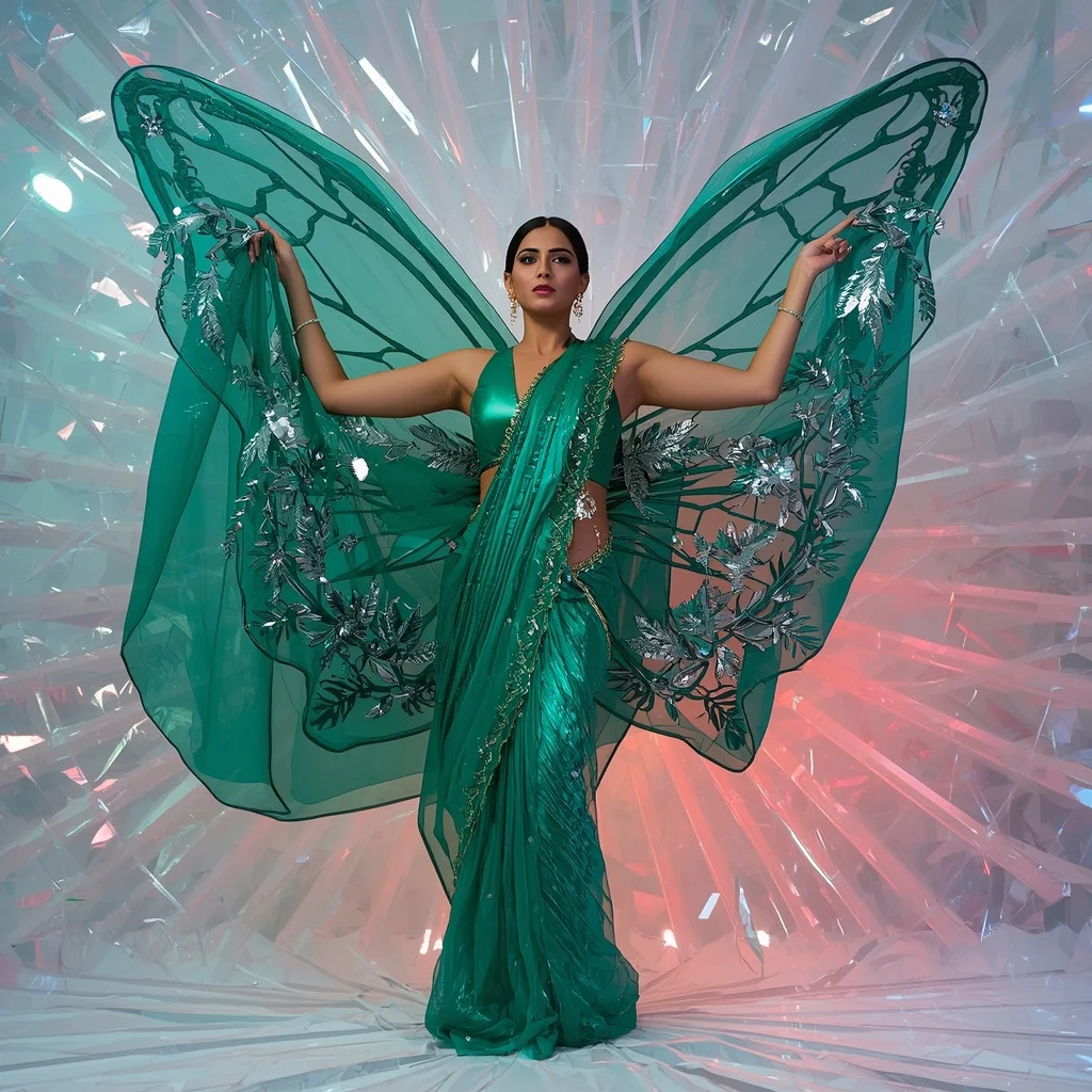 3D Emerald Glass & Metallic Fern Butterfly Saree with Light Crystal Flow Background | Female Model Ai Prompt