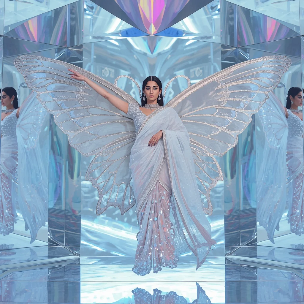 3D Frosted Diamond & Ice Architecture Butterfly Saree with Holographic Prism Background | Festival Prompt