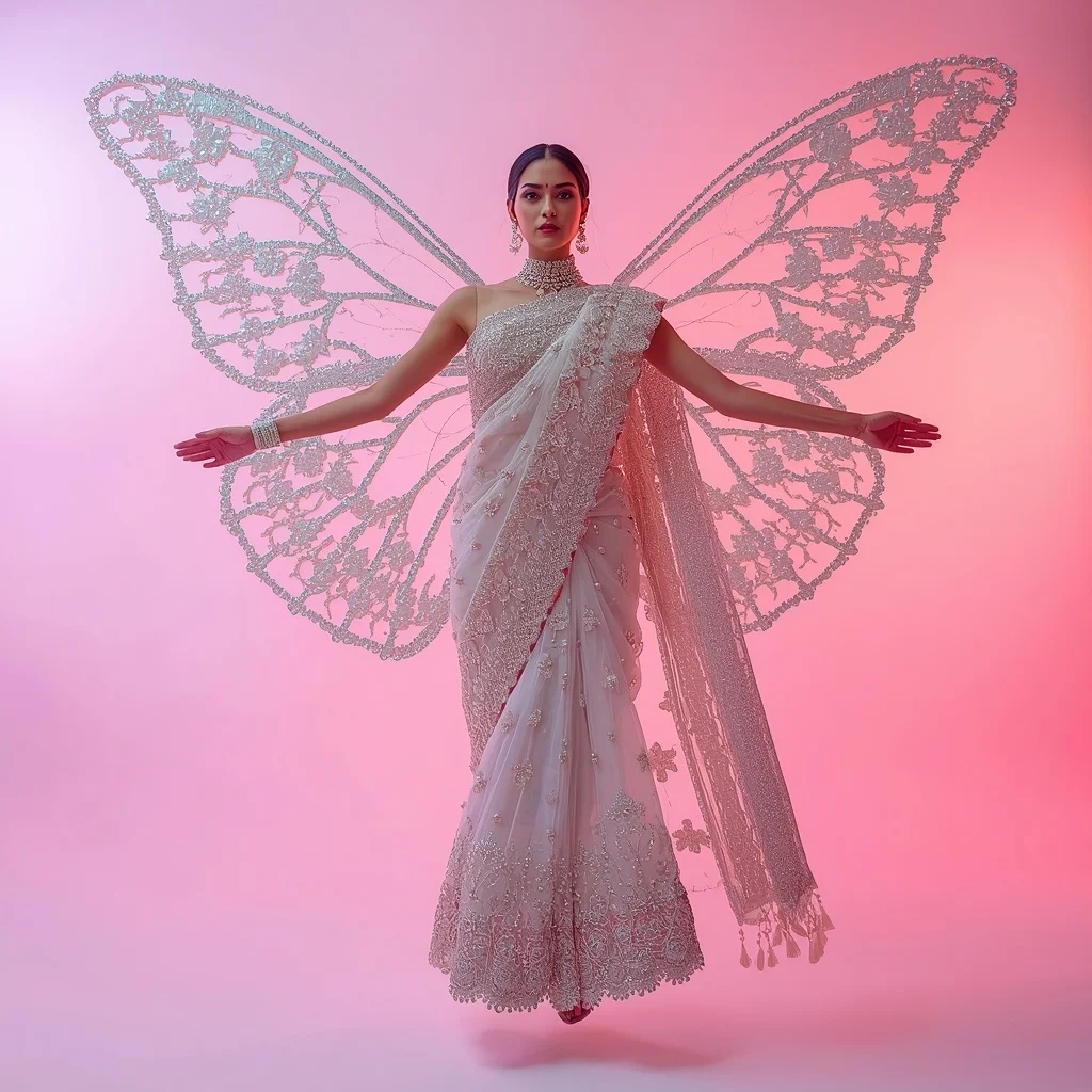 3D Pearl Scaffolding & Liquid Silver Butterfly Saree with Neon Dream Mist Background | Gemini Ai Prompt