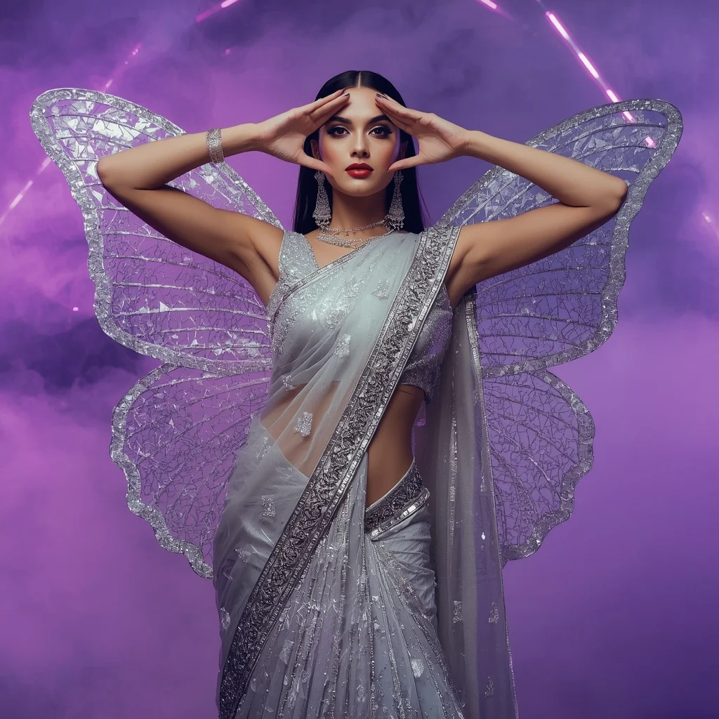 3D Platinum Shattered Glass Butterfly Saree with Neon Dream Mist Background | Prompt Chatgpt