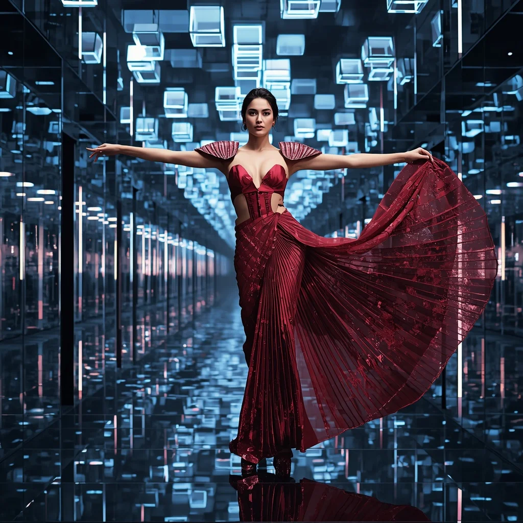 Aurora Crystal Inferno Saree with Floating Infinity Light Cubes | Saree Prompt Generator - Woman Pose AI Picture Prompt