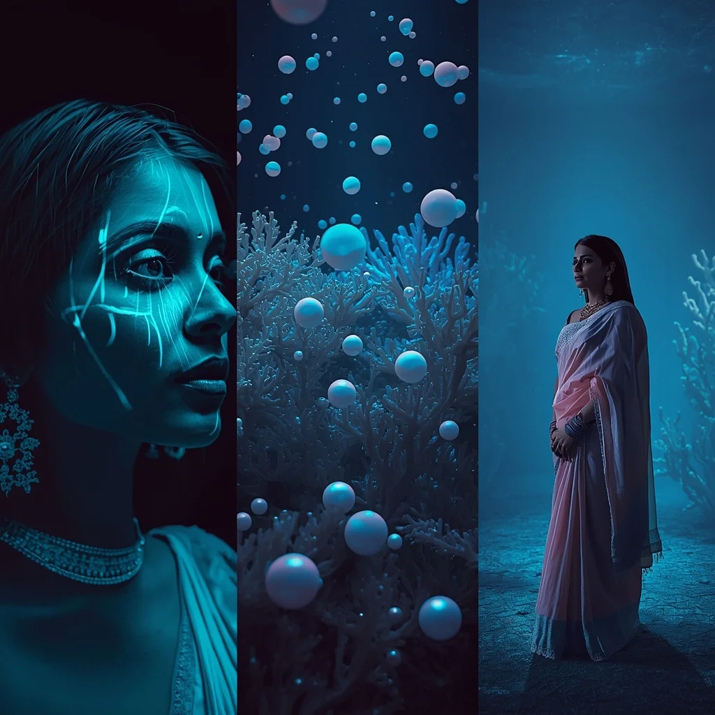 Bioluminescent Deep Sea Coral Pearl Saree Triptych Look | Saree Dp Ai Prompt - Picture Prompt