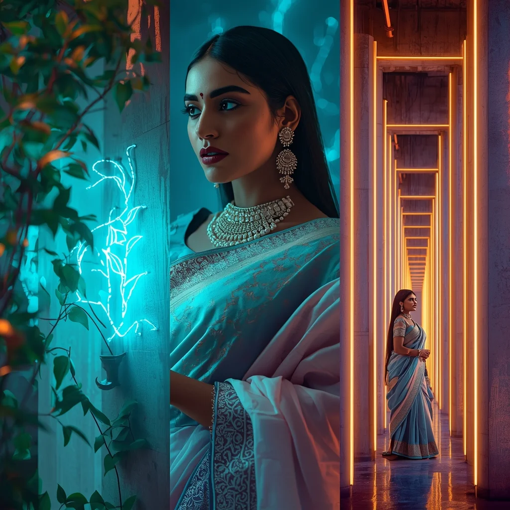 Brutalist Architecture Neon Cyber Vine Saree Premium Collage | Saree Prompt For Gemini - Picture Prompt