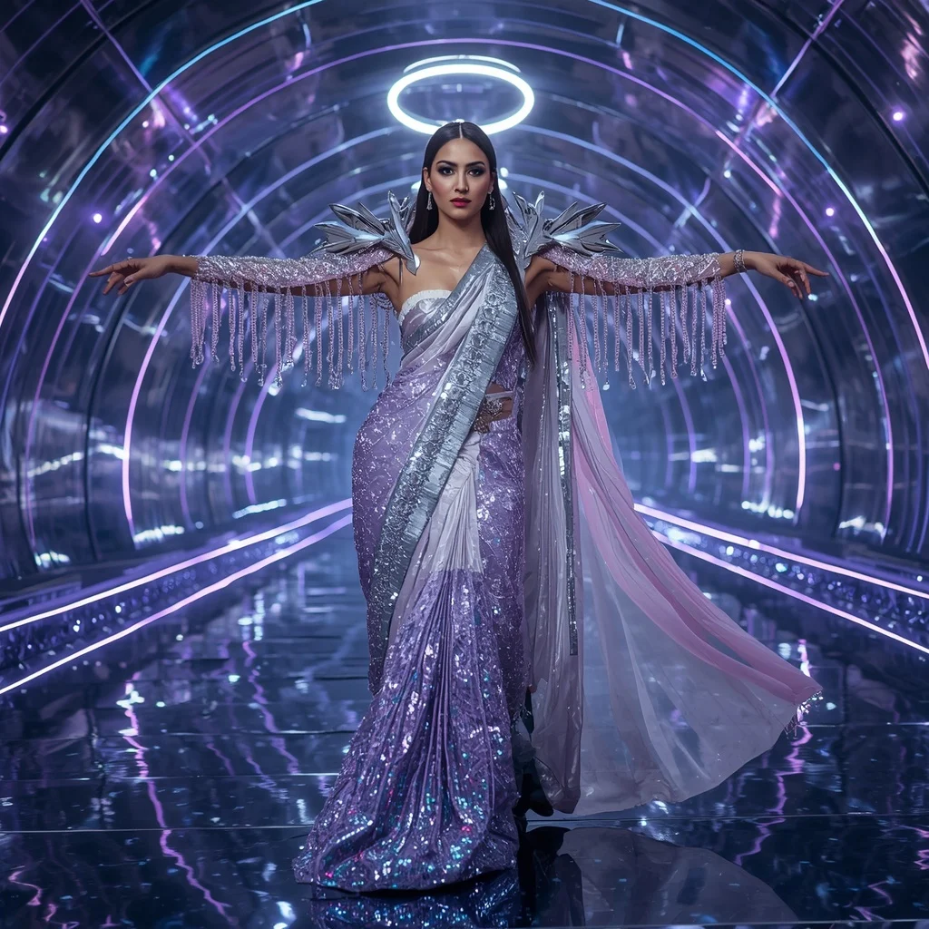 Celestial Chrome Mirage Saree with Floating Infinity Halo Tunnel | Hyperrealistic Woman Portrait Prompt