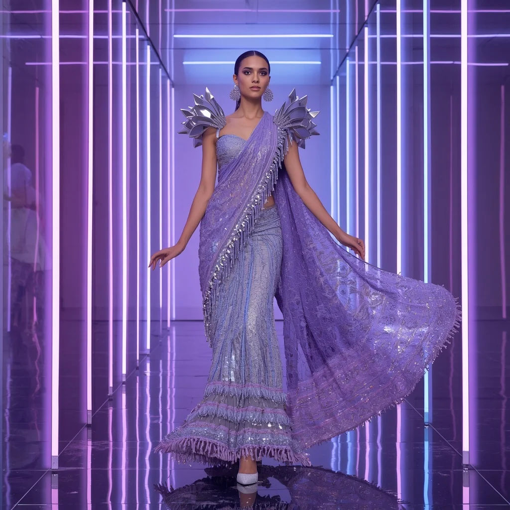Celestial Ice Flame Saree with Infinity Aurora Chamber | Creative Ai Art Prompt