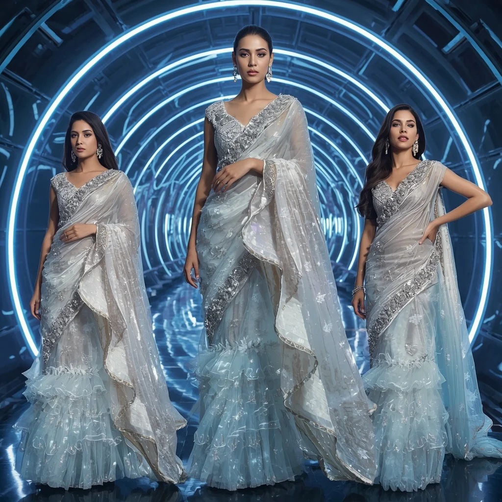 Celestial Moon Prism Saree with Futuristic Arc Hall | Gemini Ai Prompt For Girl