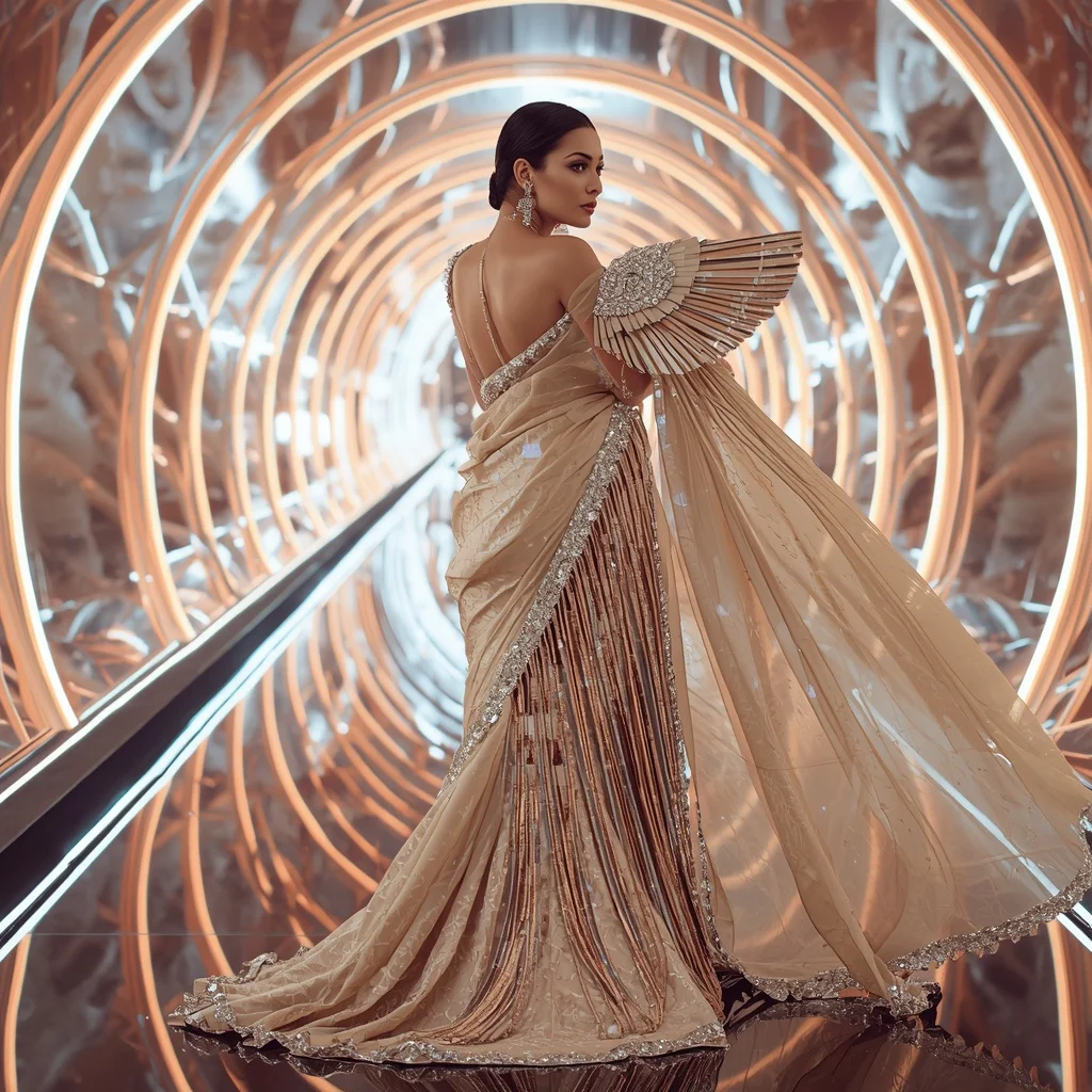 Champagne Crystal Wing Saree with Floating Infinity Passage | Lehenga Choli Ai Prompt