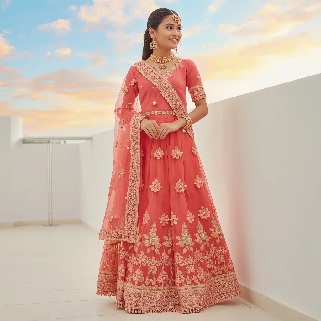 Coral Pink Organza Saree with Heavy Pearl Drops | Makeup Ai Prompt