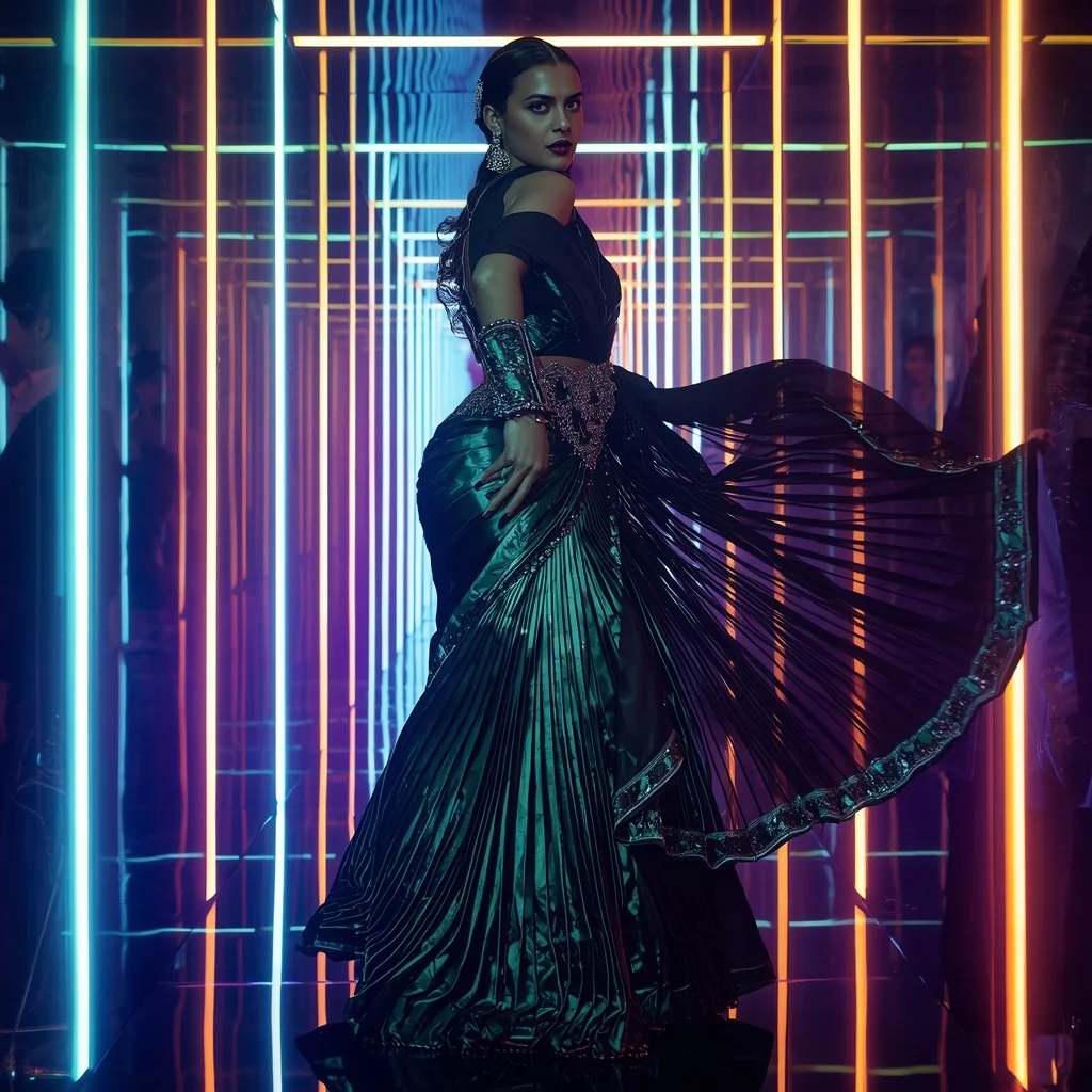 Cosmic Emerald Mirage Saree with Neon Reflection Crystal Infinity Corridor | Prompt For Gemini - Woman Pose AI Picture Prompt