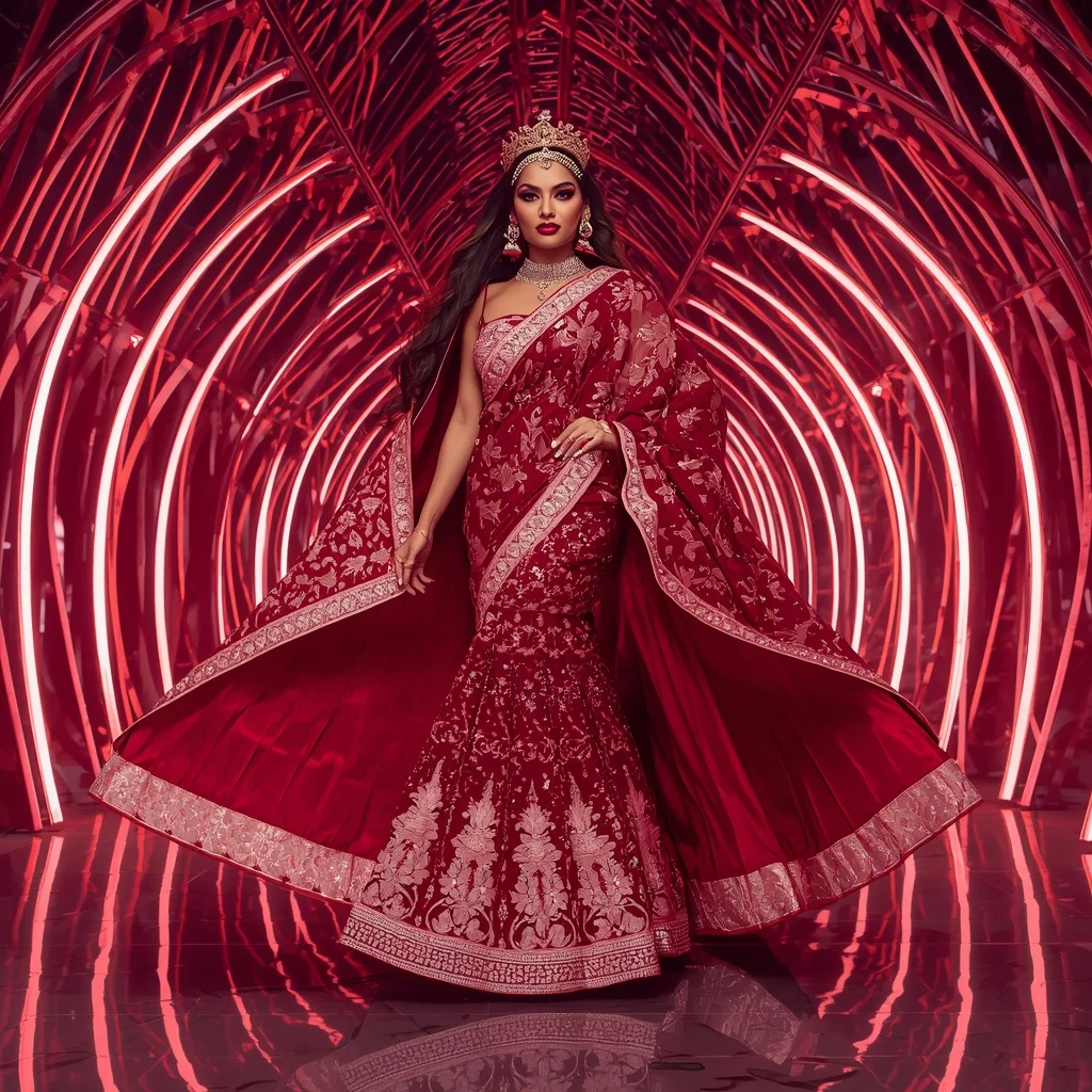 Crimson Moonstone Maharani Lotus Festival Saree with Luxe Aurora Infinity Crown Empire Palace | Saree Selfie Ai Prompt - Picture Prompt
