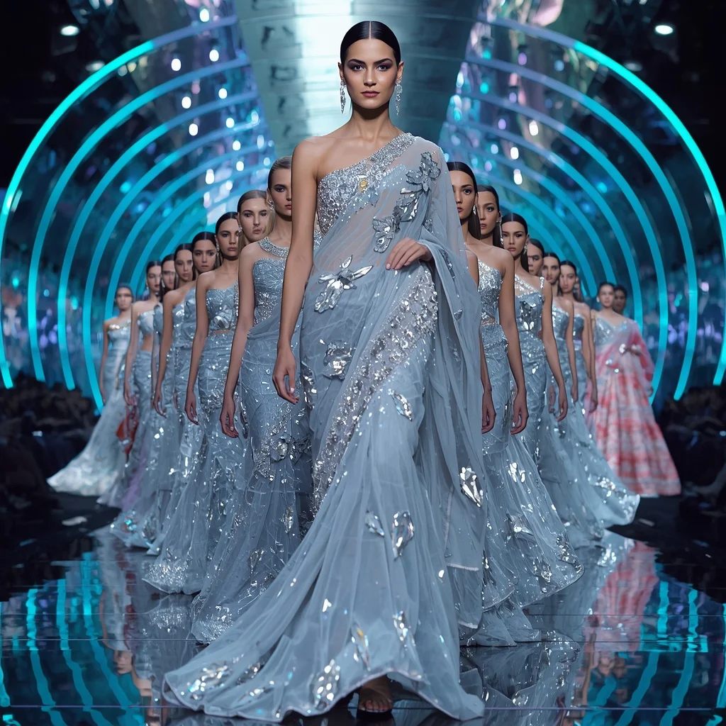 Crystal Storm Maharani Saree with Fifteen Editorial Poses and Infinity Hologram Citadel | Saree Couple Ai Prompt