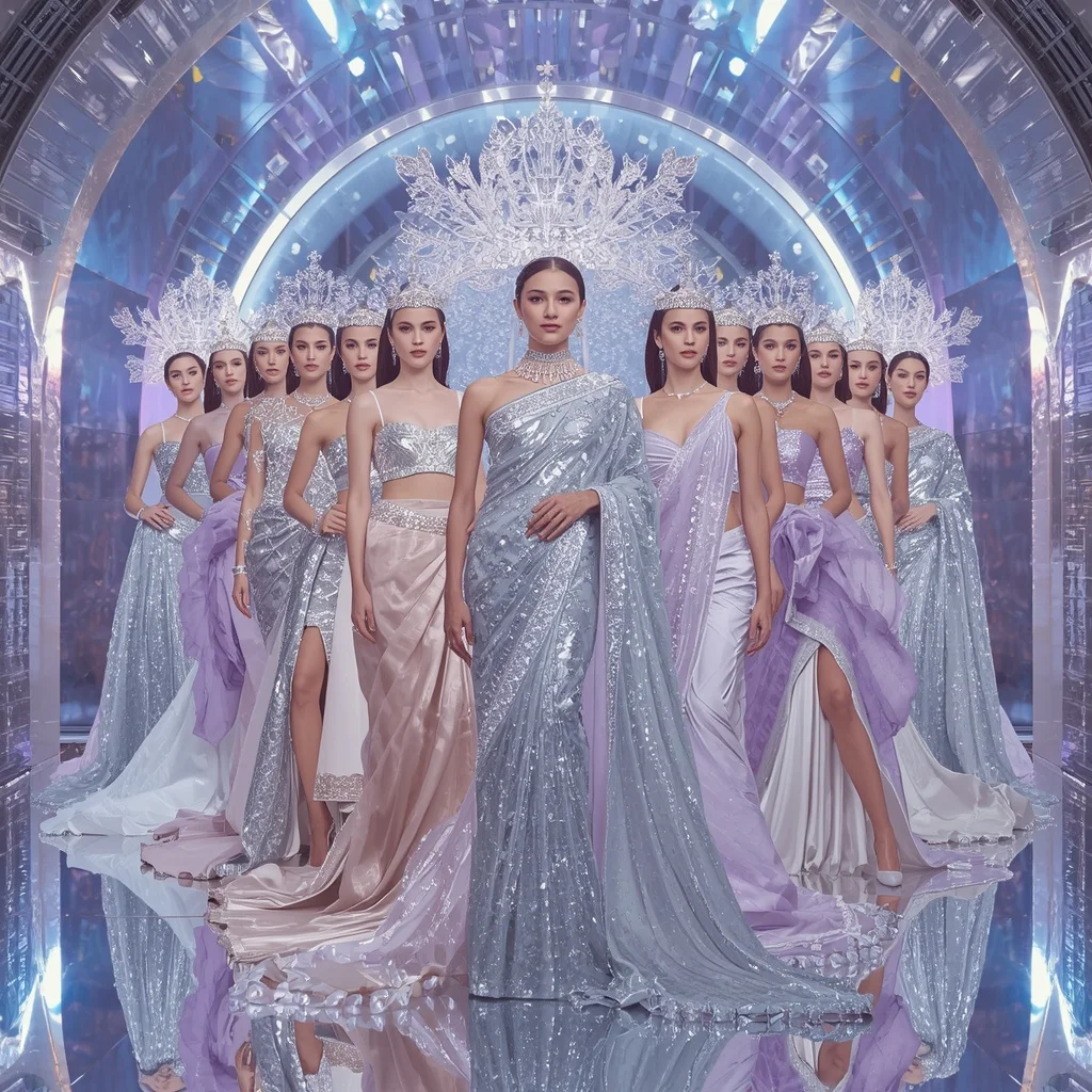 Diamond Ice Crown Saree with Twelve Fashion Poses and Holographic Aurora Palace | Saree Prompt For Women