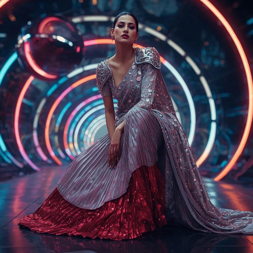 Diamond Thunder Mirage Saree with Floating Neon Orbit Helix | Best Saree Prompt For Chatgpt - Woman Pose AI Picture Prompt