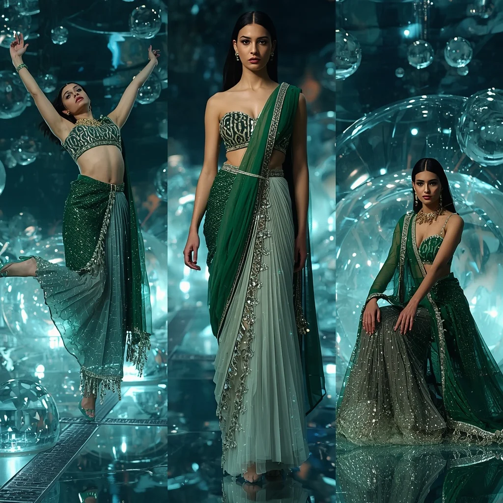 Emerald Crystal Prism Saree with Floating LED Water Megadome | Instagram Highlight Cover Ai Prompt