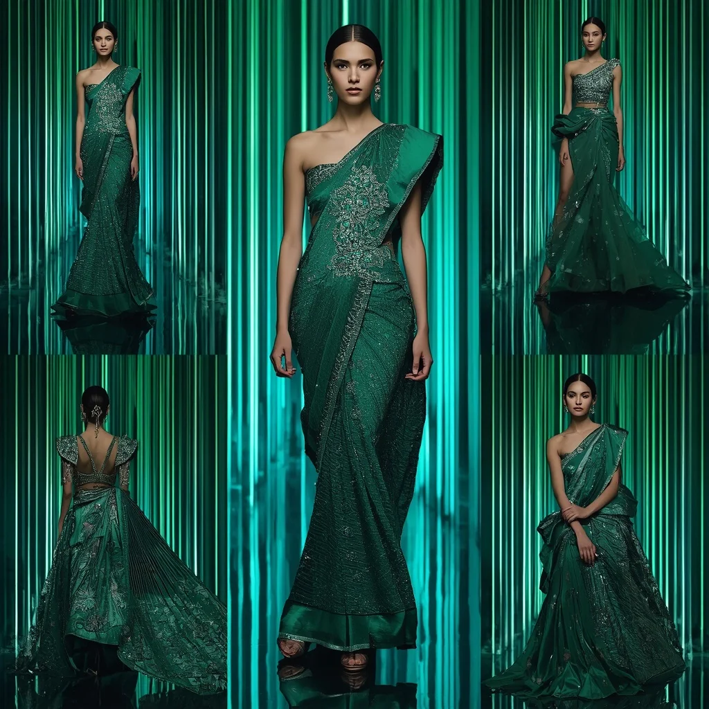 Emerald Thunder Dynasty Saree with Infinite Prism Temples | Beautiful Woman Ai Prompt - Picture Prompt