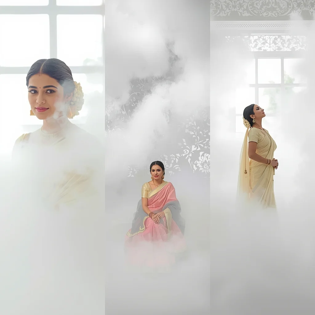 Ethereal White Fog Bright Morning Light Saree Editorial Presentation | Saree Prompt Generator - Picture Prompt