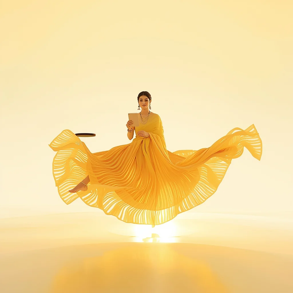 Festival Fancy Saree Kinetic Petal pleat Cascade | Realistic Ai Prompt