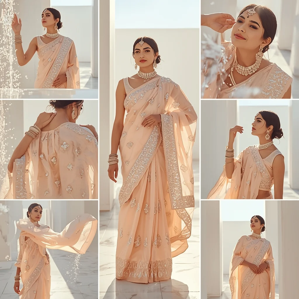 Festive Fancy Saree White Marble Liquid Diamond Cascade View | Saree Profile Pic Ai Prompt - Picture Prompt