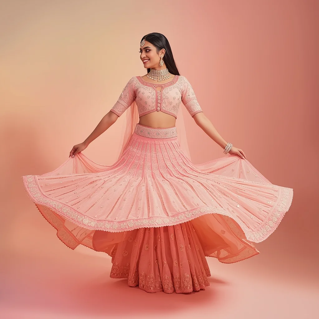 Festive Lehenga Girl Cross Step Spiral Turn Bloom Pose | Girl Photo Prompt Gemini - Picture Prompt