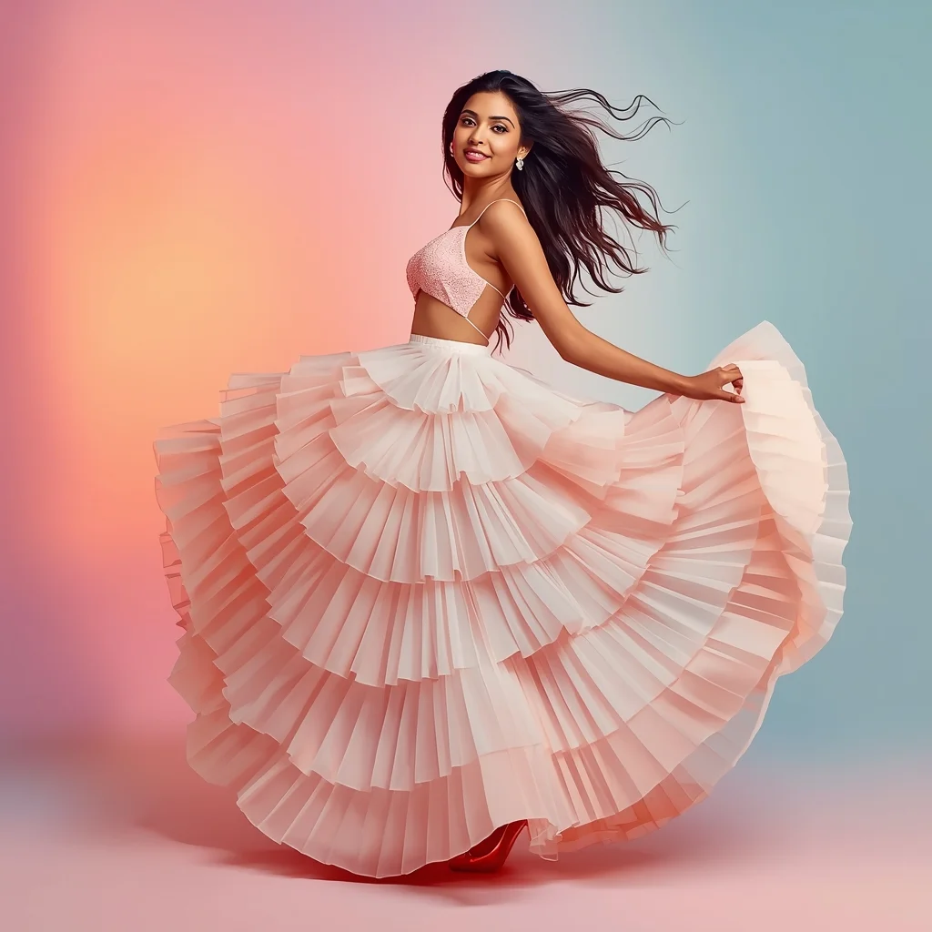 Festive Party Gown Girl Spiral Walk Sweep Glam Pose | Happy Ai Prompt - Picture Prompt