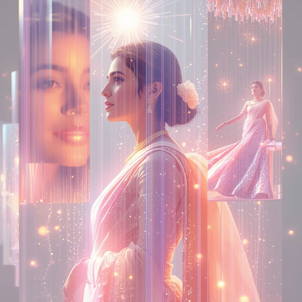 Festive Pastel Saree 3D Hologram Cascade Collage | Indian Girl Volumetric Projection Aesthetic Cinematic Viral Prompt | Chat Gpt Prompt For Saree Look - Picture Prompt