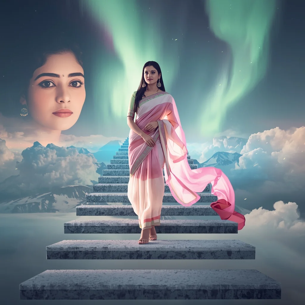 Festive Pastel Saree Aurora Energy Storm Floating Staircase Collage | Indian Girl Sky Motion Dream Fusion Aesthetic Cinematic Viral Prompt | Gemini Saree Ai Photo Prompt - Picture Prompt