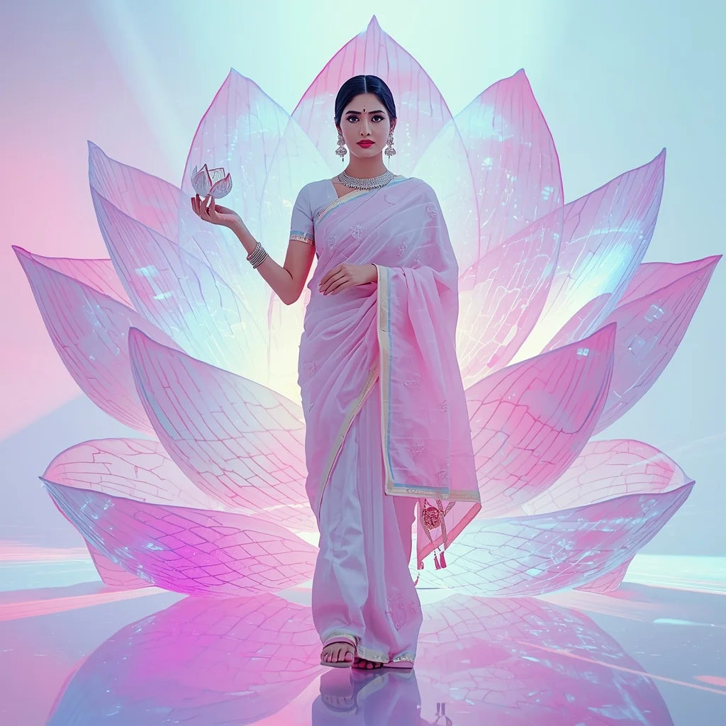 Festive Pastel Saree Digital Holographic Lotus Dream Cinematic | Bridal Saree Ai Prompt For Instagram Reel - Picture Prompt