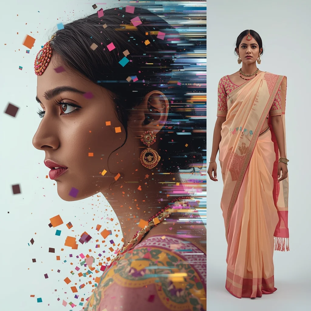 Festive Pastel Saree Digital Pixel Explosion Collage | Indian Girl Glitch Break Aesthetic Cinematic Viral Prompt | Ai Image Generator Prompt Text - Picture Prompt