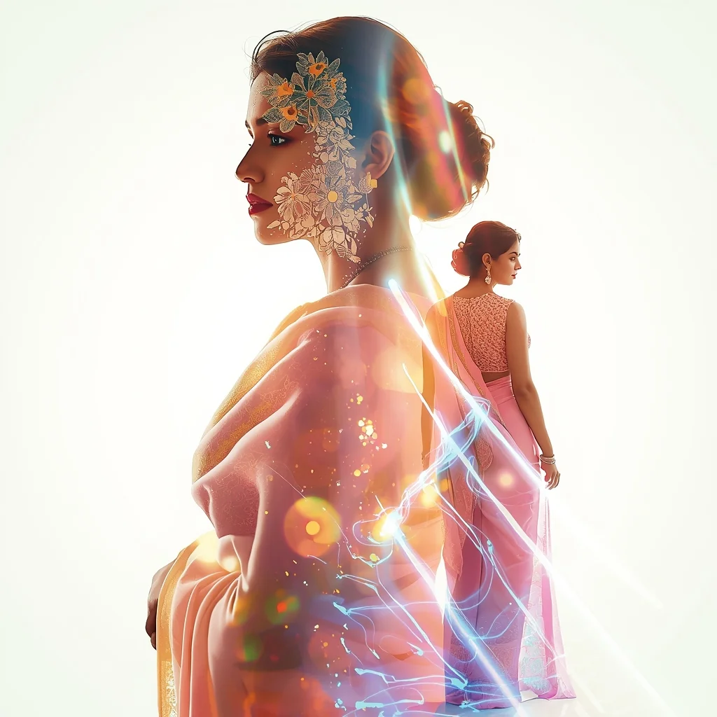 Festive Pastel Saree Double Exposure Floral Light Pattern Energy Flow Collage | Indian Girl Artistic Luxury Blend Aesthetic Cinematic Viral Prompt | Saree Photo Ai Prompt - Picture Prompt
