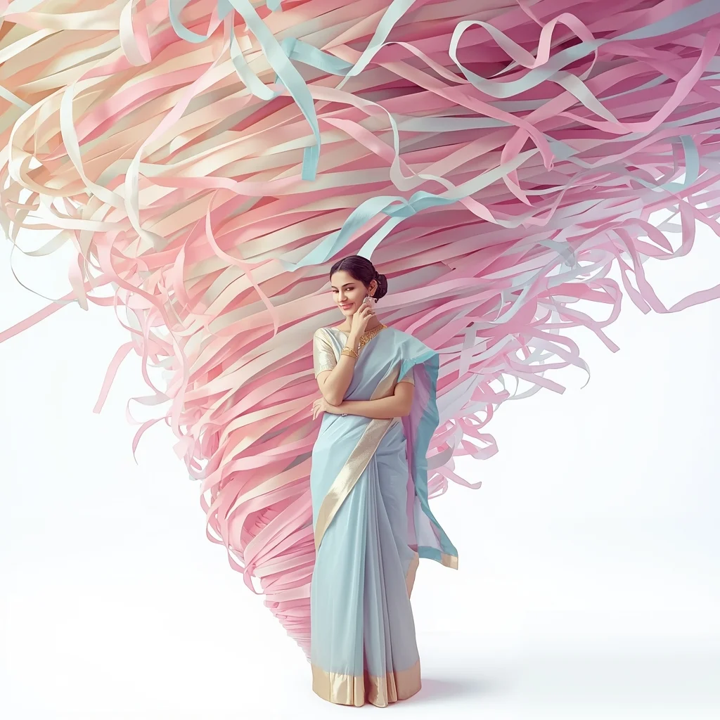 Festive Pastel Saree Endless Ribbon Tornado Premium Cinematic | Gemini Saree Ai Photo Prompt - Picture Prompt