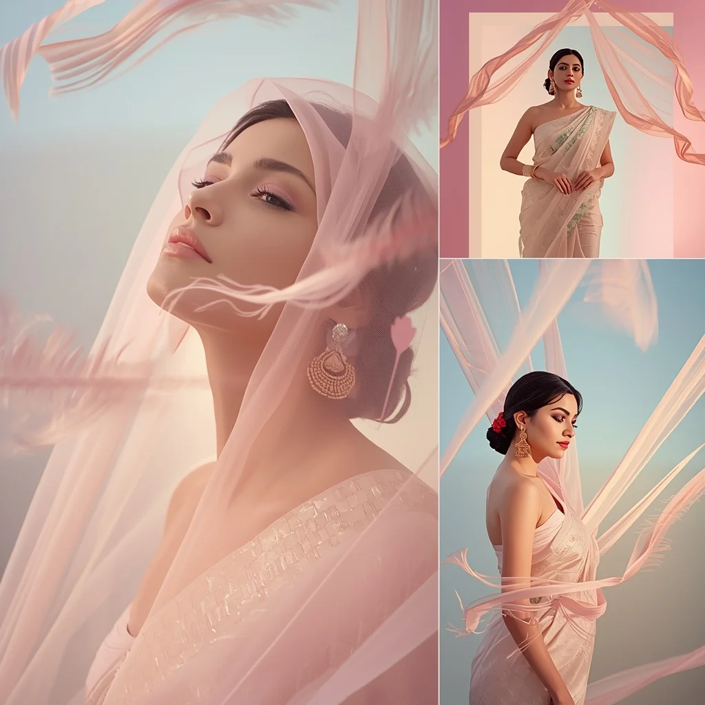 Festive Pastel Saree Feather Ribbon Collage | Indian Girl Soft Motion Aesthetic Cinematic Viral Prompt | Saree Couple Ai Prompt