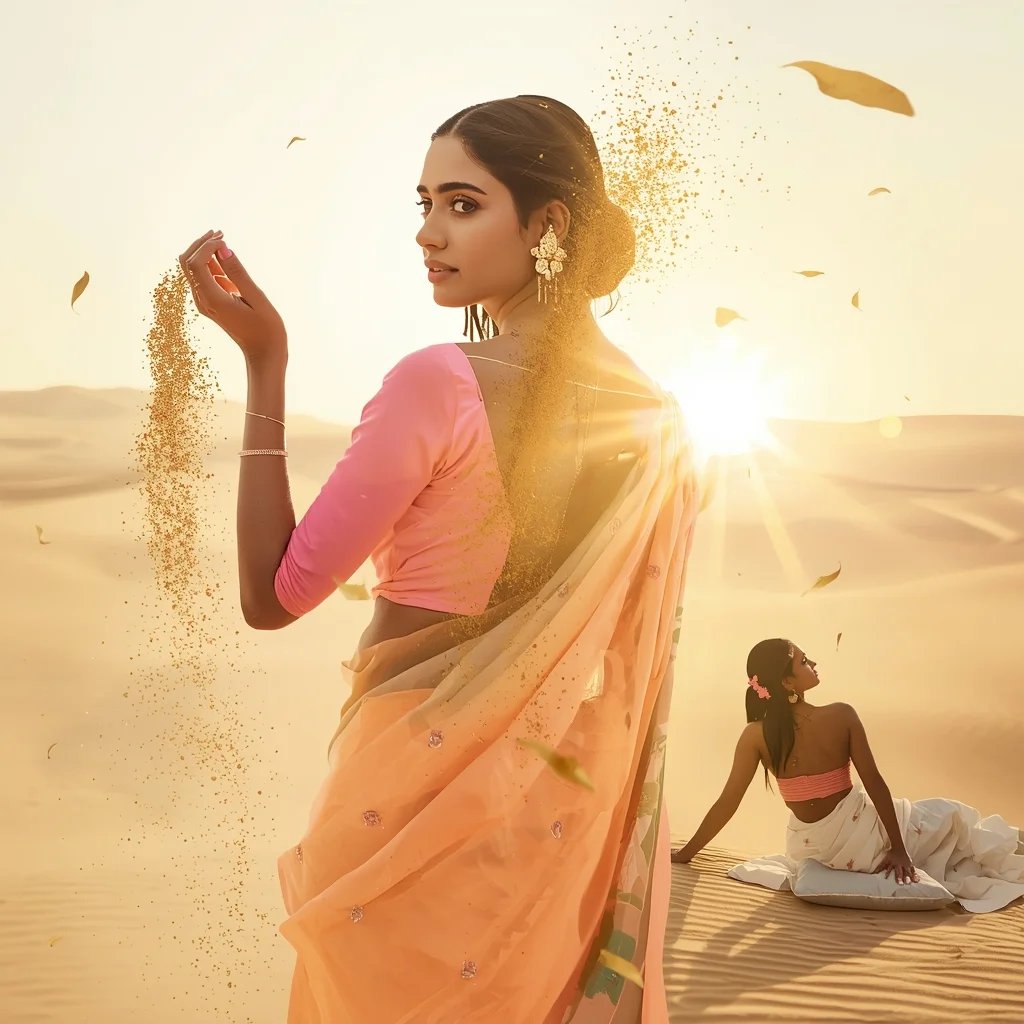 Festive Pastel Saree Floating Golden Sand Illusion Modern Cinematic | Saree Photoshoot Ai Prompt - Picture Prompt