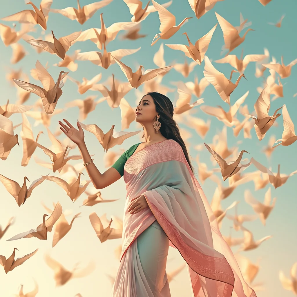 Festive Pastel Saree Floating Origami Silk Crane Premium Cinematic | Gemini Ai Prompt Saree Copy Paste - Picture Prompt