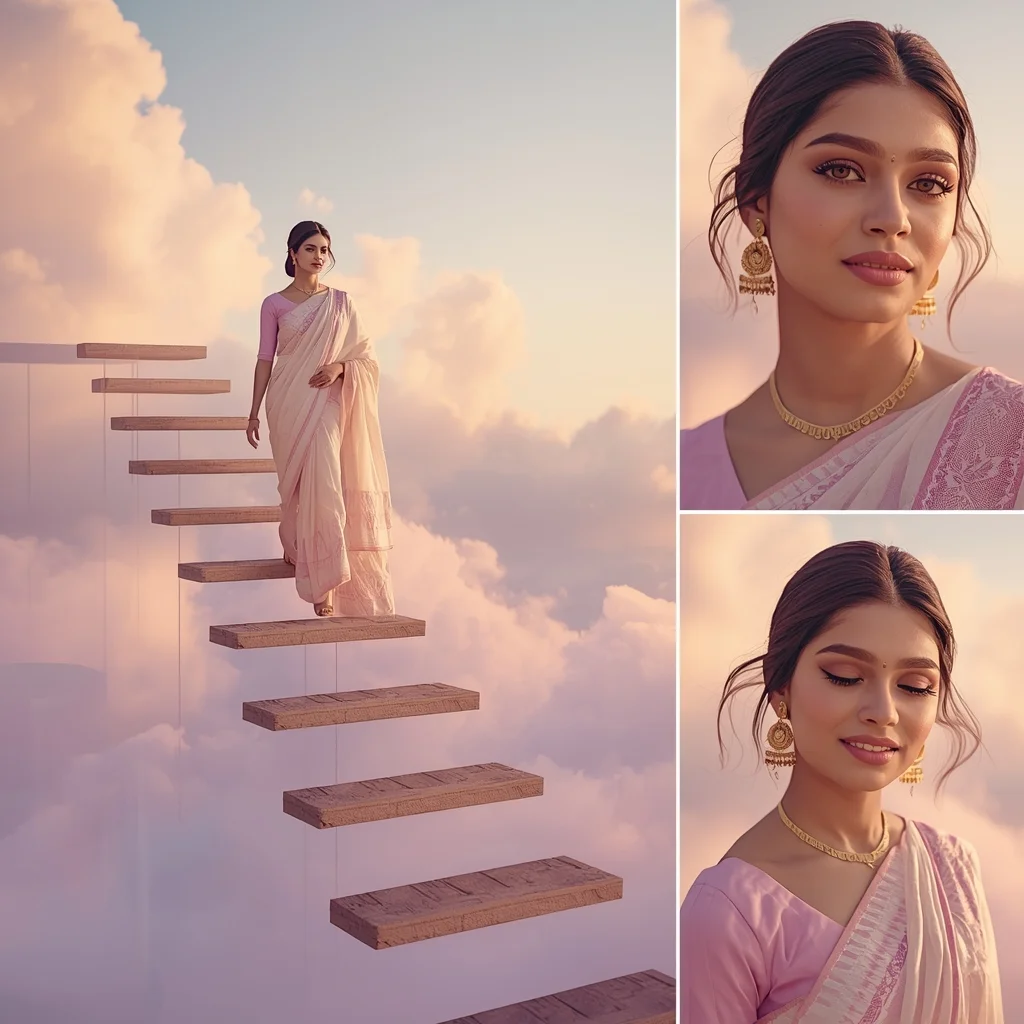 Festive Pastel Saree Floating Staircase Dream Luxury Cinematic Scene | Indian Saree Ai Prompt - Picture Prompt