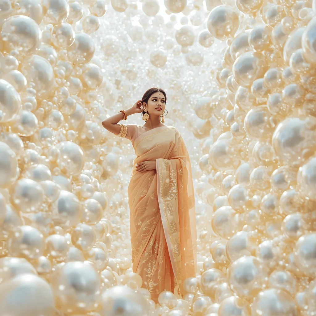 Festive Pastel Saree Giant Luminous Pearl Web Luxury Cinematic | Gemini Ai Prompt Saree Copy Paste - Picture Prompt