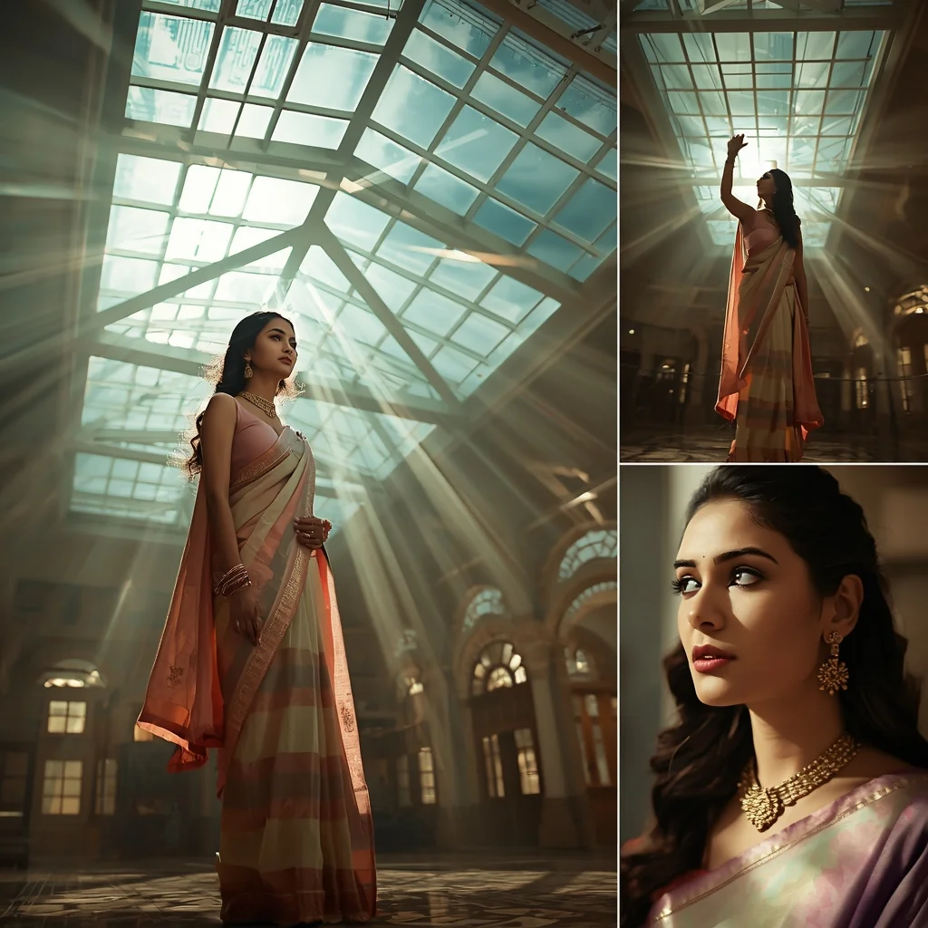 Festive Pastel Saree Glass Ceiling Light Rays Cinematic Scene | Gemini Saree Prompt For Instagram - Picture Prompt