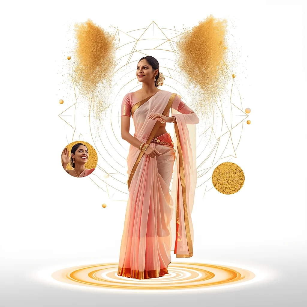 Festive Pastel Saree Golden Cymatic Vibration Modern Cinematic | Saree Pose Ai Prompt - Picture Prompt