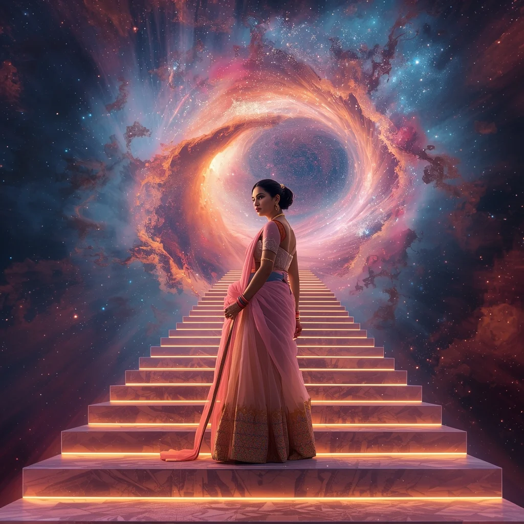 Festive Pastel Saree Grand Infinite Cosmic Staircase Collage | Majestic Nebula Prompt | Saree Reel Ai Prompt - Picture Prompt