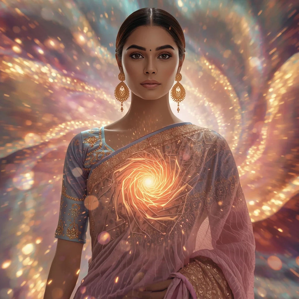 Festive Pastel Saree Hypnotic Ripple Vortex Energy Core Collage | Mesmerizing Glow Prompt | Saree Pose Ai Prompt For Image Generation - Picture Prompt