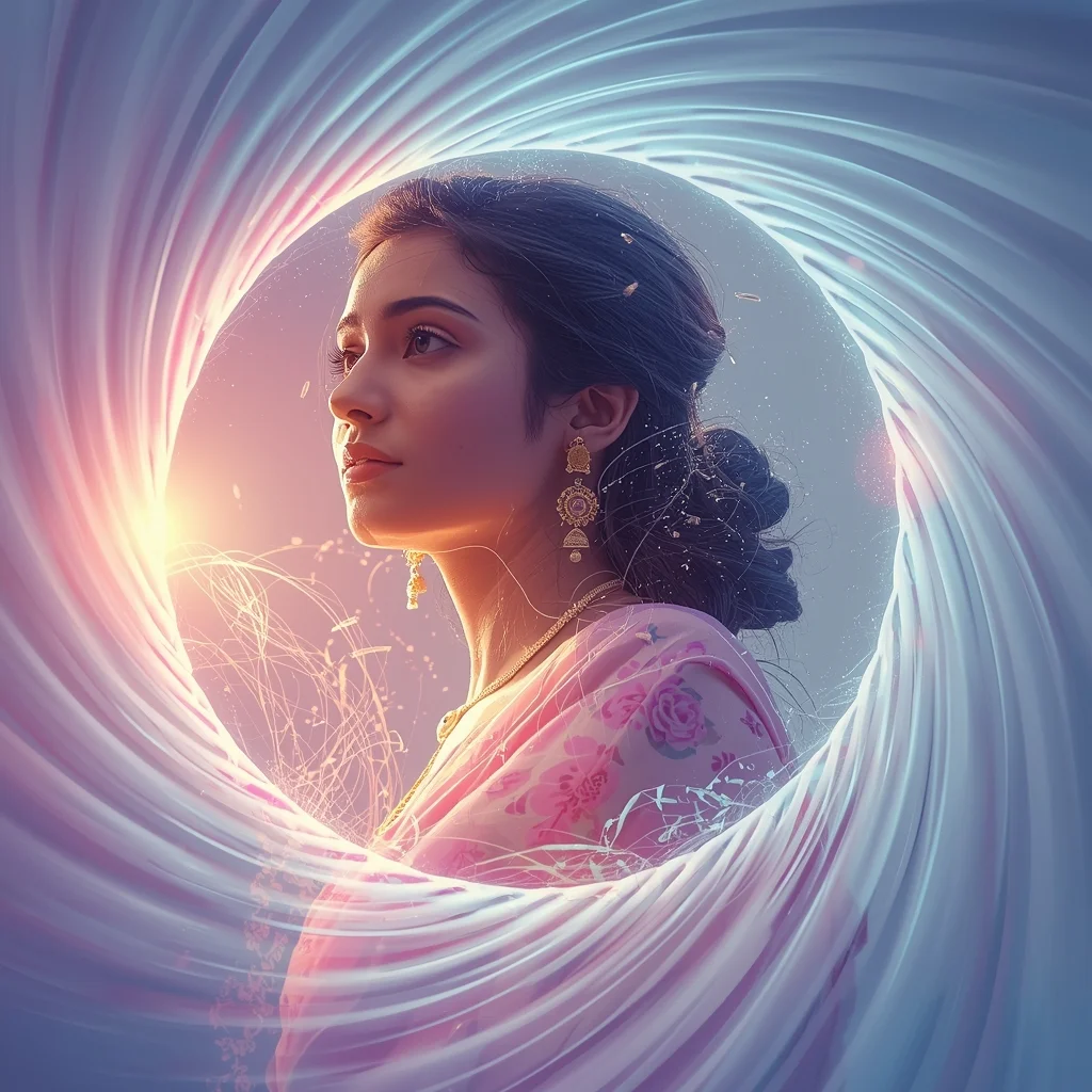 Festive Pastel Saree Luminescent 3D Vortex Spiral Collage | Indian Girl Energy Vortex Aesthetic Cinematic Viral Prompt | Traditional Prompt For Gemini Ai Girl - Picture Prompt
