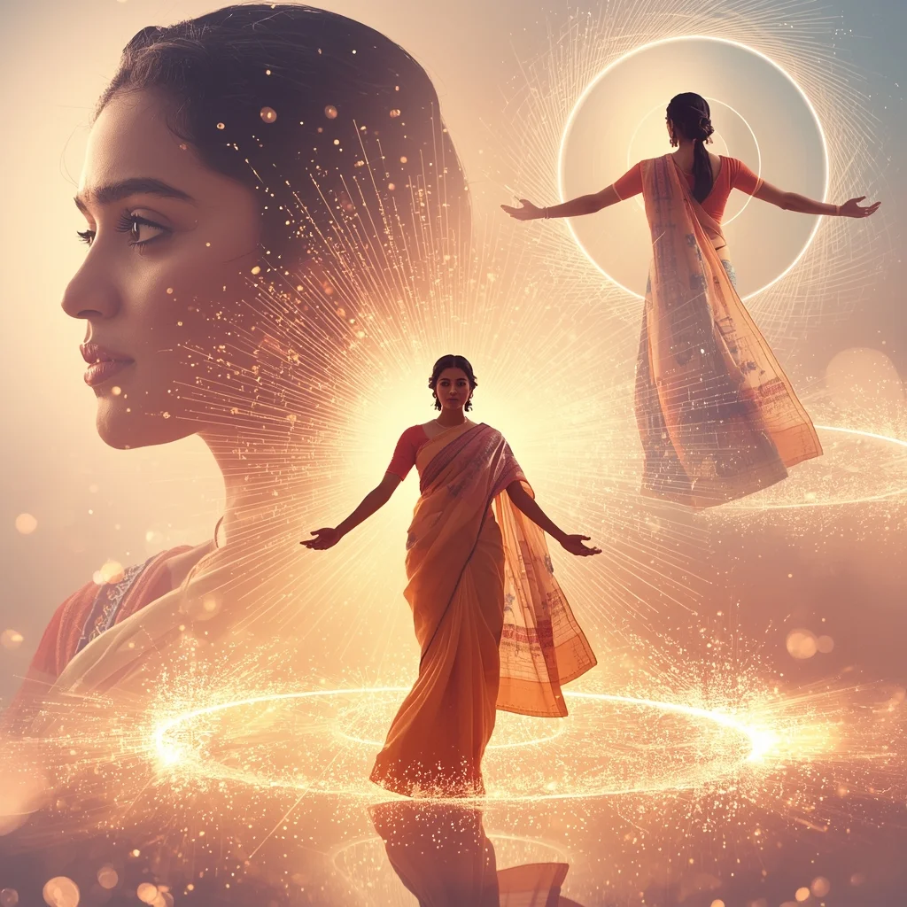 Festive Pastel Saree Magnetic Orbit Particle Halo Energy Core Collage | Indian Girl Power Flow Circular Motion Aesthetic Cinematic Viral Prompt | Gemini Saree Ai Photo Prompt - Picture Prompt