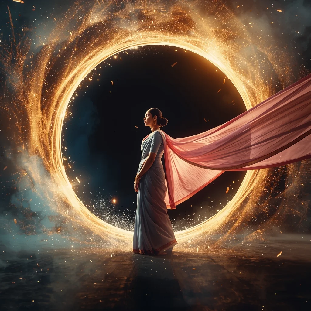 Festive Pastel Saree Magnetic Particle Black Hole Fabric Pull Collage | Indian Girl Gravity Core Energy Aesthetic Cinematic Viral Prompt | Saree Dp Ai Prompt - Picture Prompt