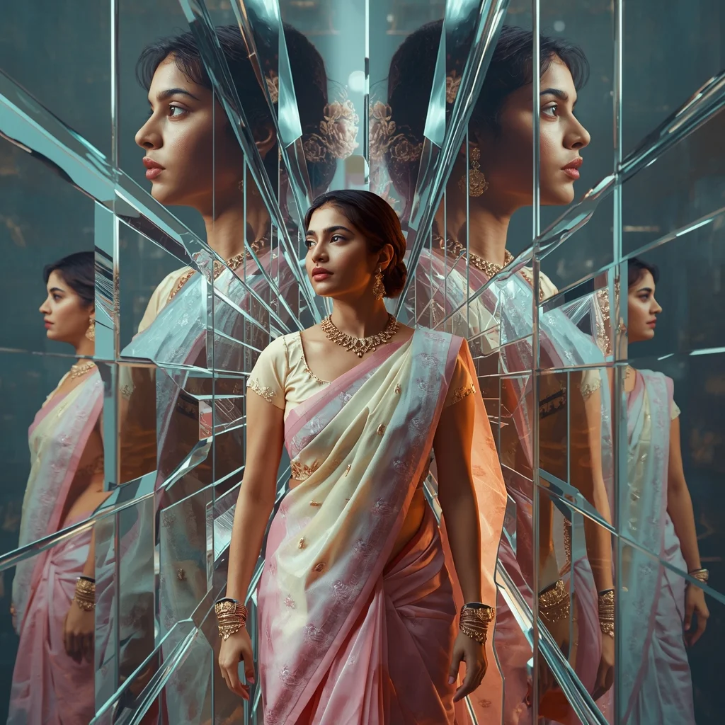 Festive Pastel Saree Mirror Shard Explosion Collage | Indian Girl Broken Reflection Aesthetic Cinematic Viral Prompt | Trending Prompt Copy Paste Instagram - Picture Prompt