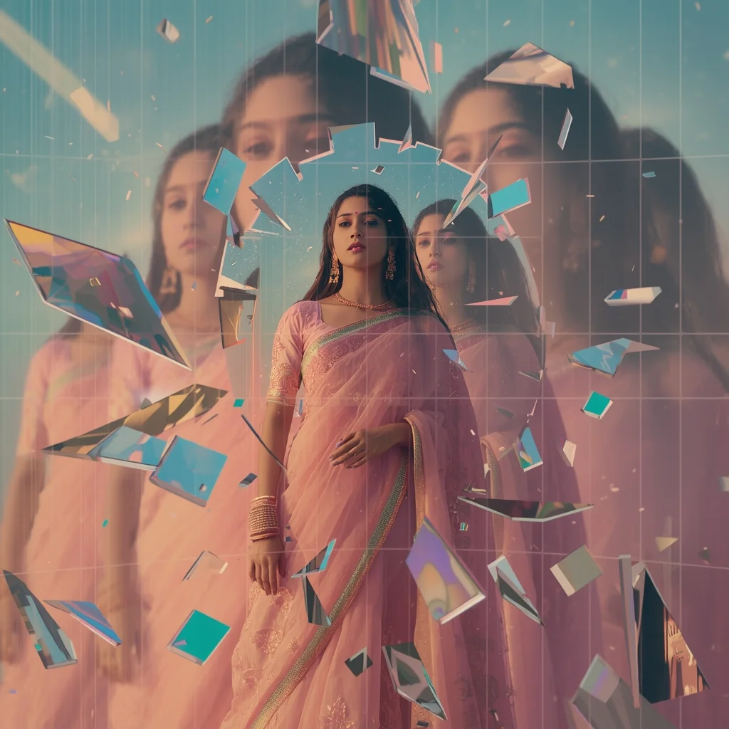Festive Pastel Saree Multiverse Reflection Energy Grid Collapse Collage | Indian Girl Infinite Reality Fusion Aesthetic Cinematic Viral Prompt | Saree Pose Ai Prompt - Picture Prompt