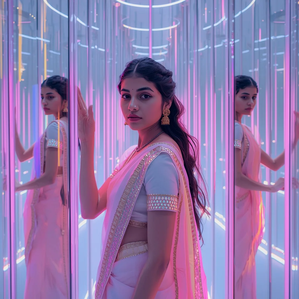 Festive Pastel Saree Neon Prism Chamber Collage | Indian Girl Glass Light Refraction Aesthetic Cinematic Viral Prompt | New Ai Prompt For Image Generation Free - Picture Prompt