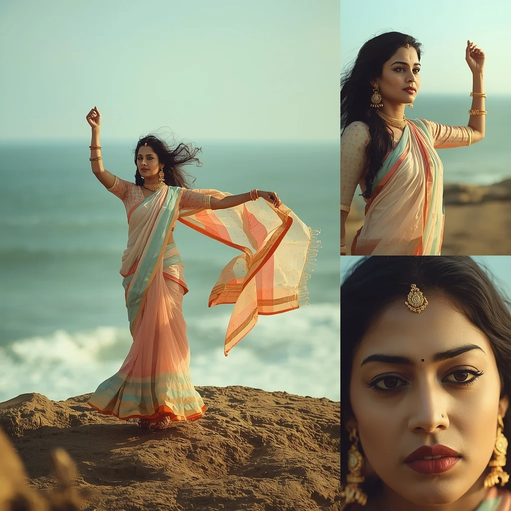 Festive Pastel Saree Ocean Cliff Wind Dramatic Cinematic Scene | Prompt For Gemini Saree - Picture Prompt