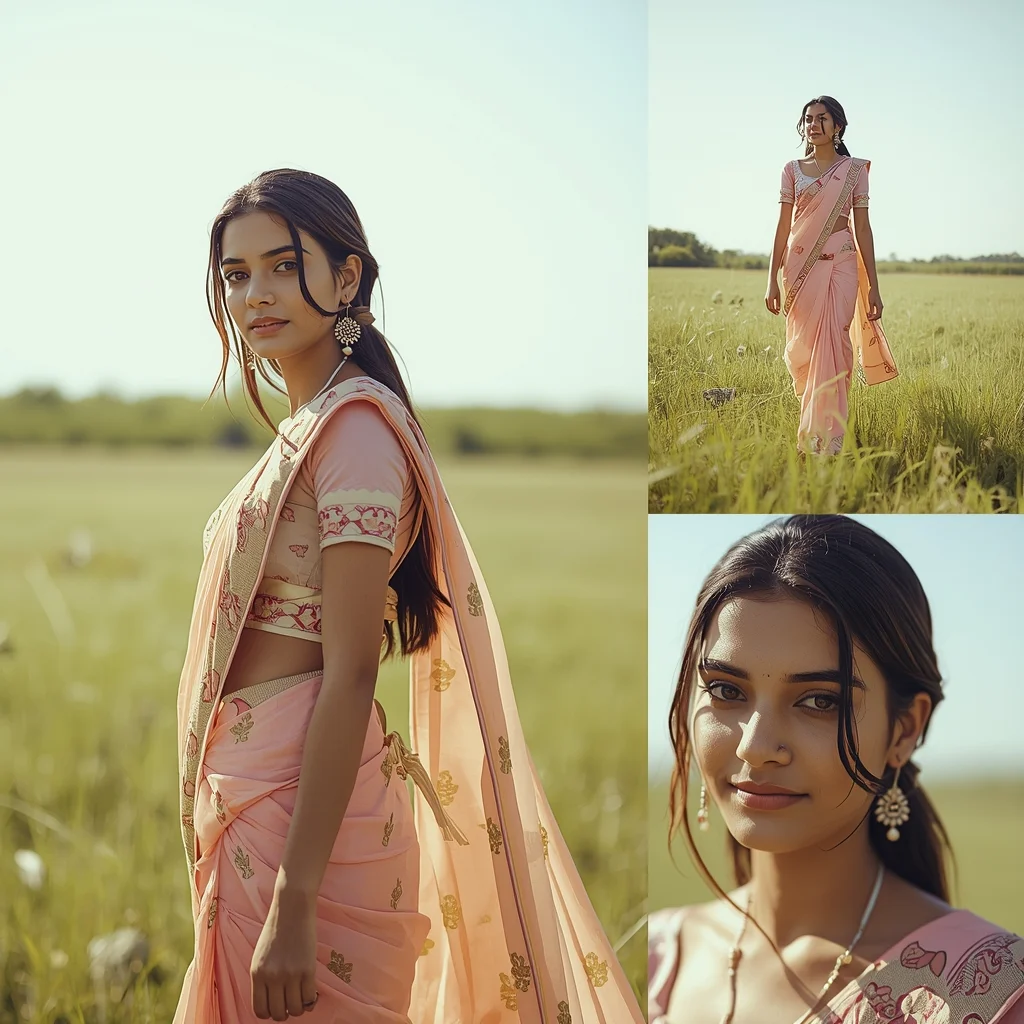 Festive Pastel Saree Open Field Breeze Image Prompt Light Scene | Saree Prompt For Instagram - Picture Prompt