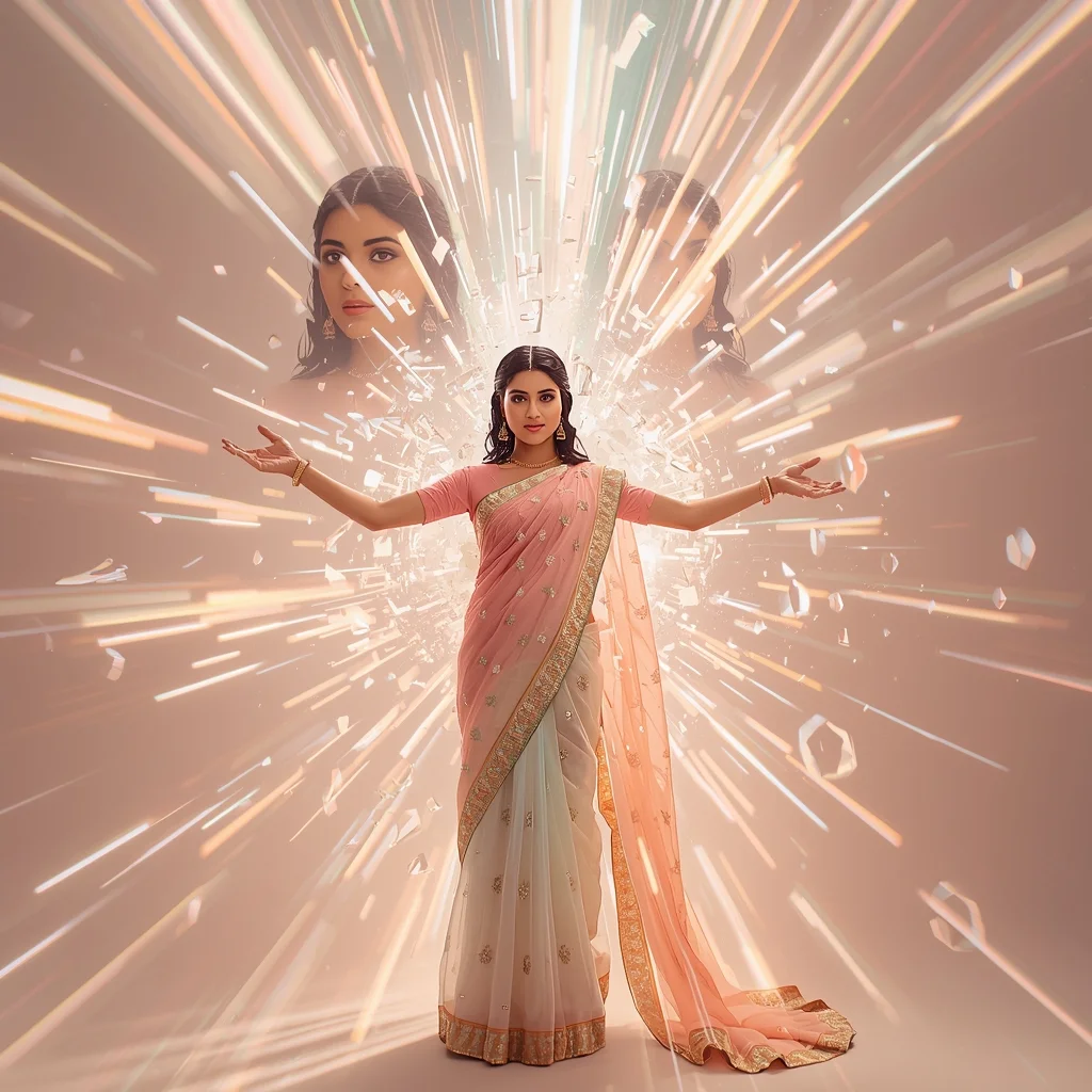 Festive Pastel Saree Prism Glass Shatter Light Beam Curtain Collage | Indian Girl Dramatic Reveal Luxury Aesthetic Cinematic Viral Prompt | Saree Girl Ai Prompt - Picture Prompt