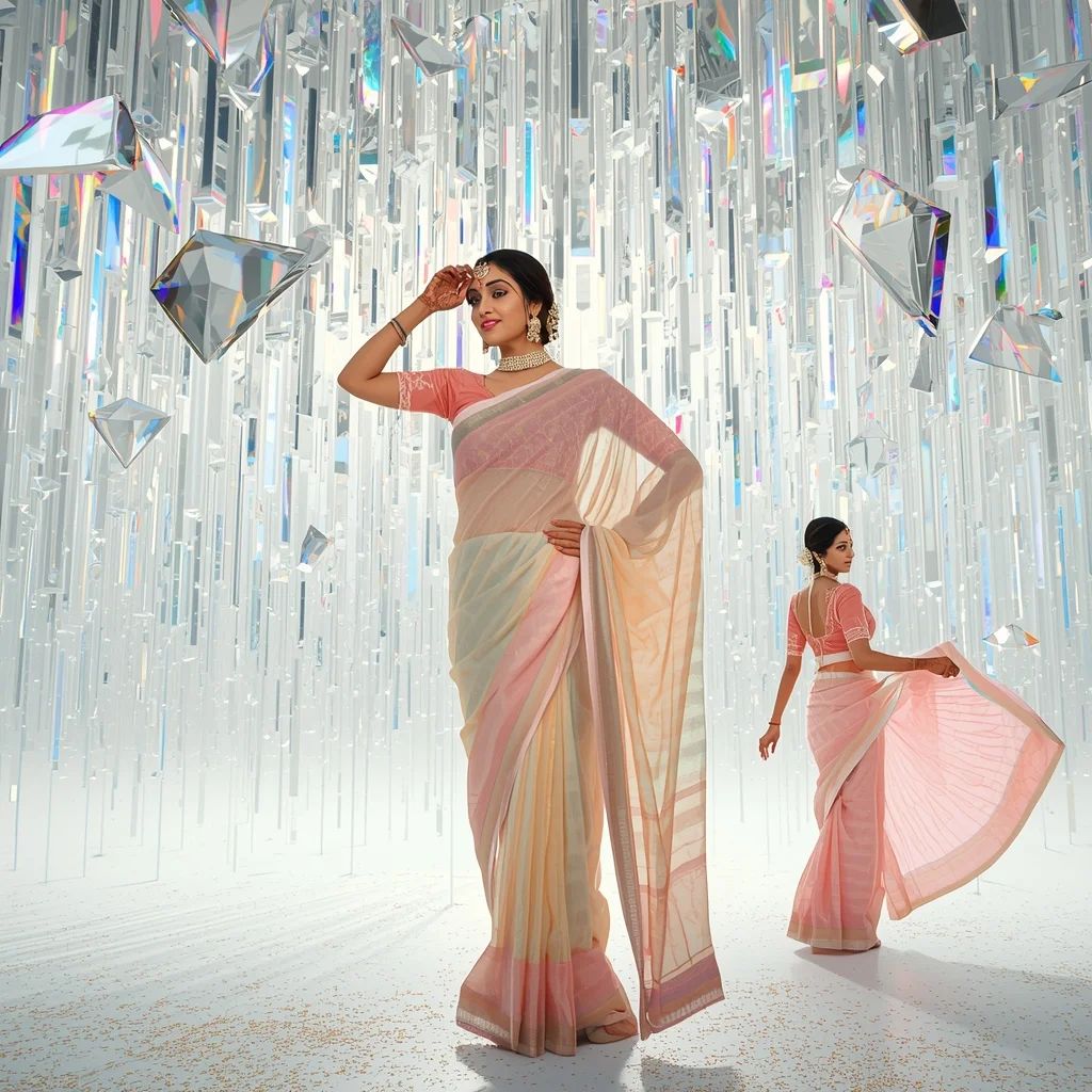 Festive Pastel Saree Prism Waterfall Aesthetic Cinematic | Bridal Saree Ai Prompt For Instagram Reel - Picture Prompt